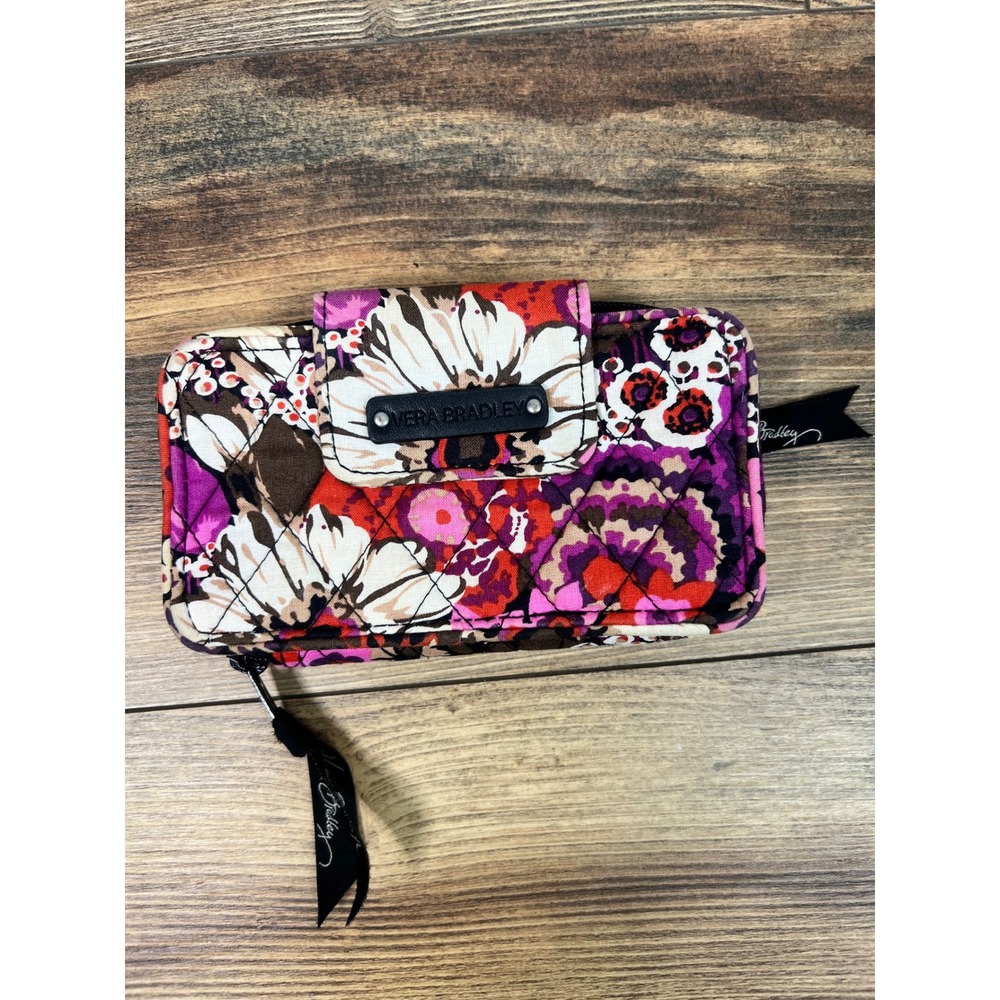 Vera Bradley Plum Crazy Floral Quilted Cotton Zip Around Wallet Front Flap Snap